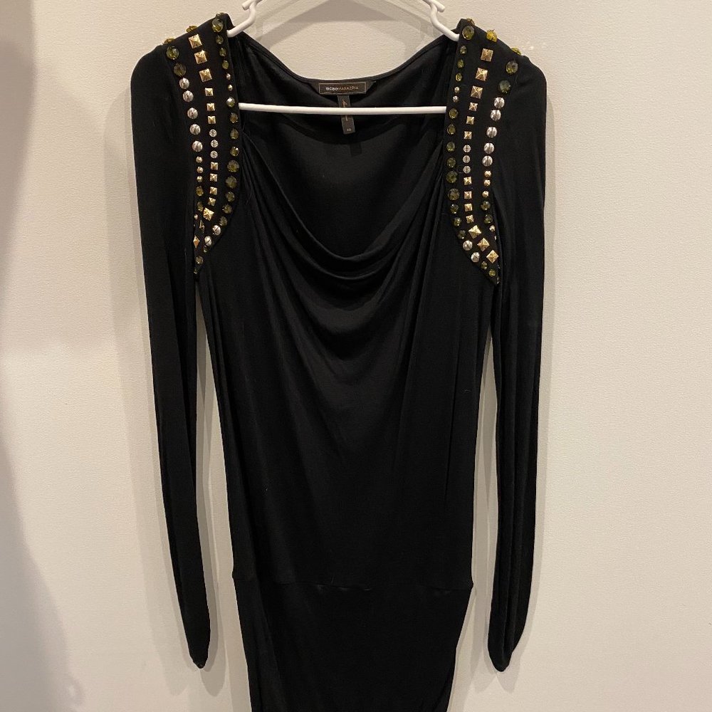 BCBGMaxAzria Long Sleeve Black Dress with Shoulder Decor in XS